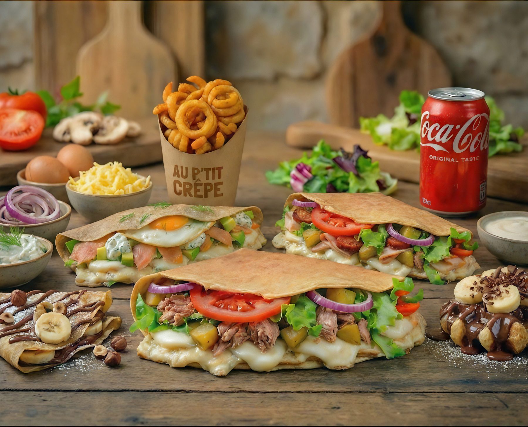 Galettes garnies, frites et boissons Au P'tit Crêpe, dressées sur une table en bois